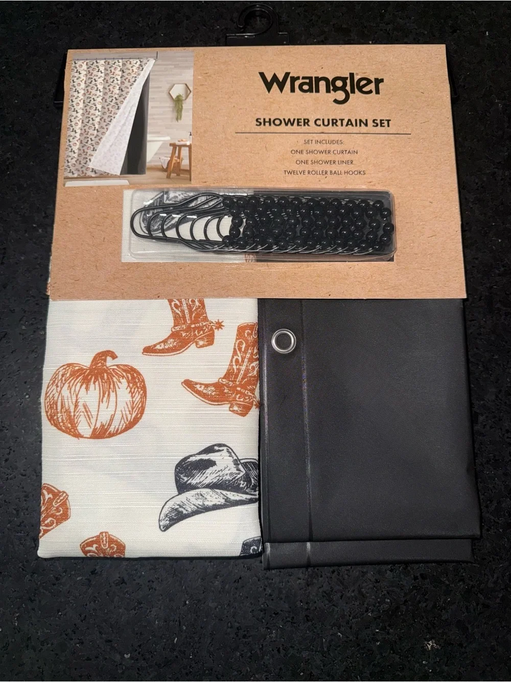 NEW Wrangler AUTUMN Pumpkin & Cowboy HAT & BOOTS Print Shower Curtain Set BLACK
